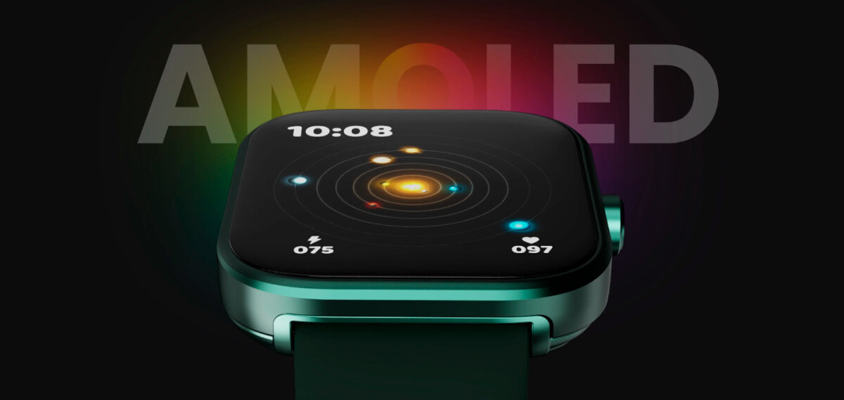 Zielony HiFuture Lume Pro otoczony kolorową poświatą, z aktywnym ekranem AMOLED.
