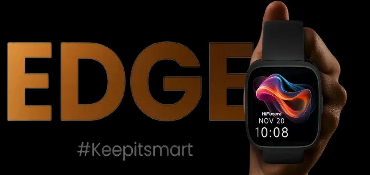 Czarny HiFuture Edge trzymany przed napisem „Edge” i hasłem „#Keepitsmart”.