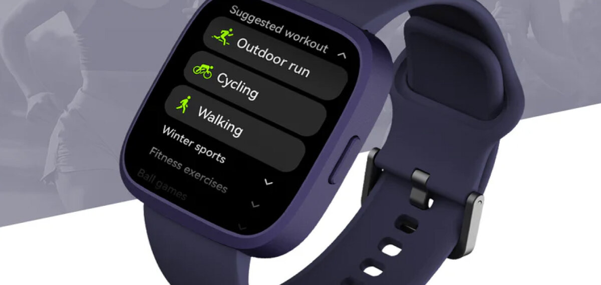 Fioletowy HiFuture Edge z listą treningów: outdoor run, cycling i walking.