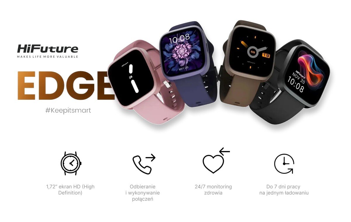 HiFuture Edge w czterech kolorach z ikonami symbolizującymi główne cechy modelu, jak ekran HD, możliwość odbierania połączeń, monitoringu zdrowia 24/7 oraz do 7 dni pracy na jednym ładowaniu.