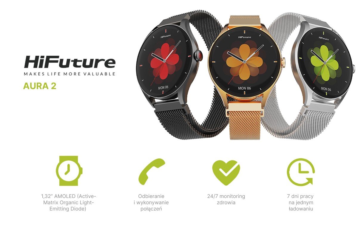 Trzy zegarki HiFuture Aura 2 z ikonami symbolizującymi główne cechy modelu, jak ekran AMOLED, odbieranie i wykonywanie połączeń, monitoring zdrowia 24/7 i 7 dni pracy na baterii.