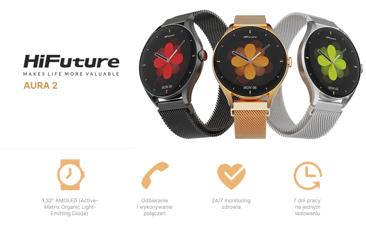 Trzy zegarki HiFuture Aura 2 z ikonami symbolizującymi główne cechy modelu, jak ekran AMOLED, odbieranie i wykonywanie połączeń, monitoring zdrowia 24/7 i 7 dni pracy na baterii.