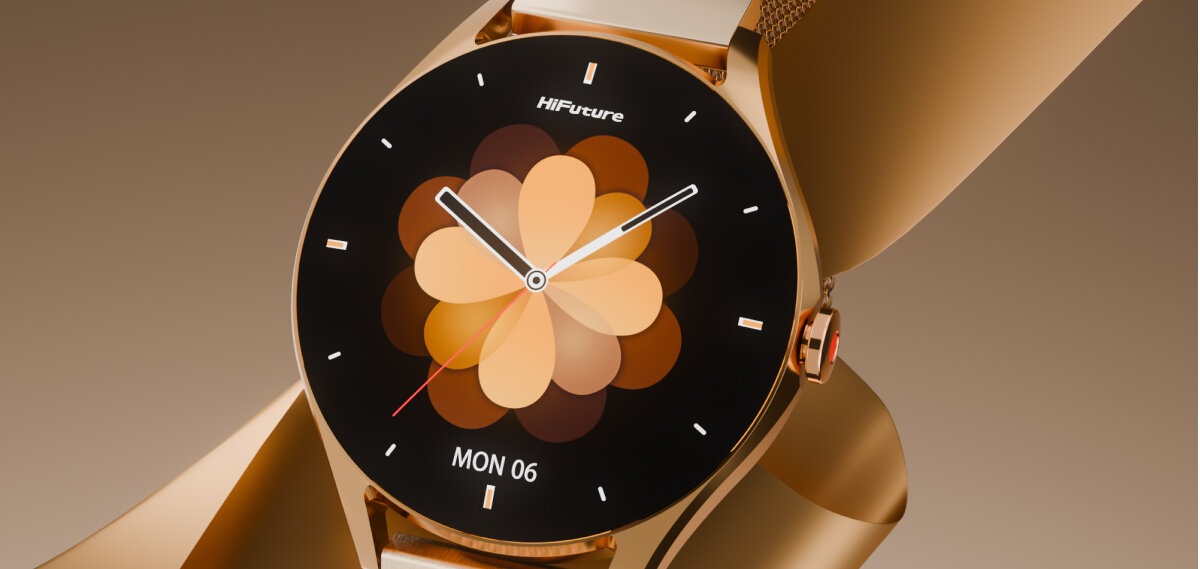 HiFuture Aura 2 Rose Gold z kwiatową tarczą, złotą kopertą i bransoletą.