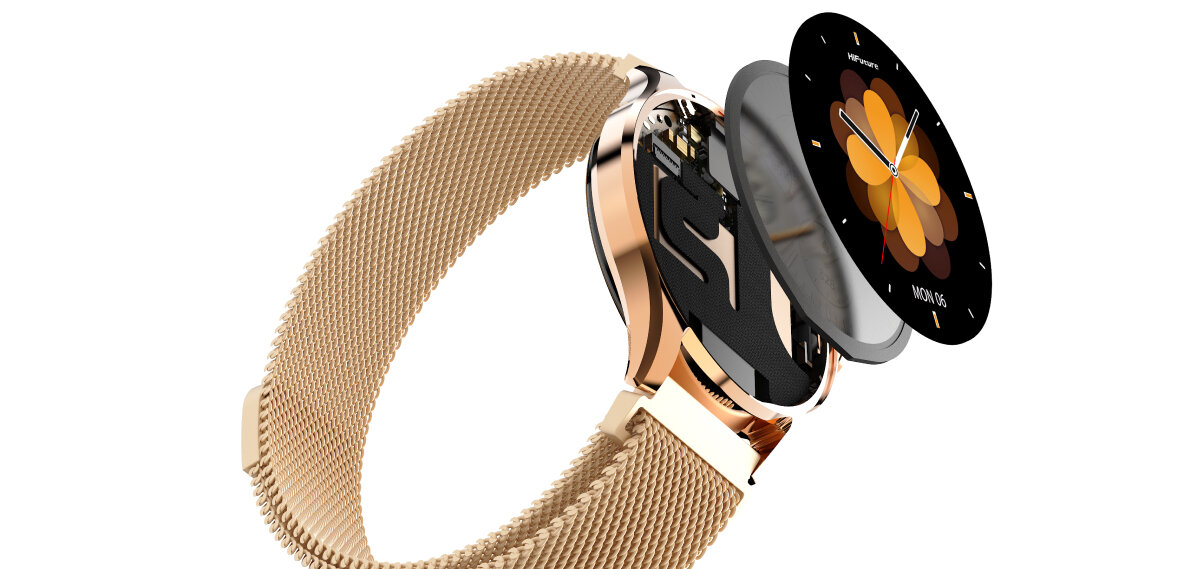HiFuture Aura 2 Rose Gold z efektem uniesionego ekranu i widocznym wnętrzem koperty.