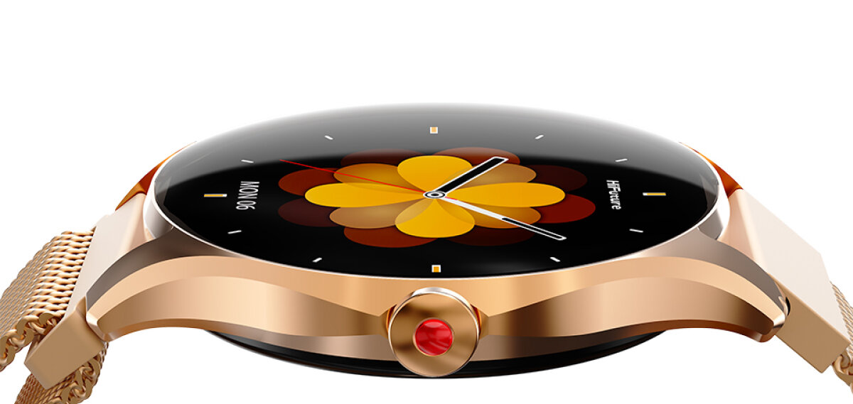 HiFuture Aura 2 Rose Gold z kwiatową tarczą i czerwonym przyciskiem na boku koperty.