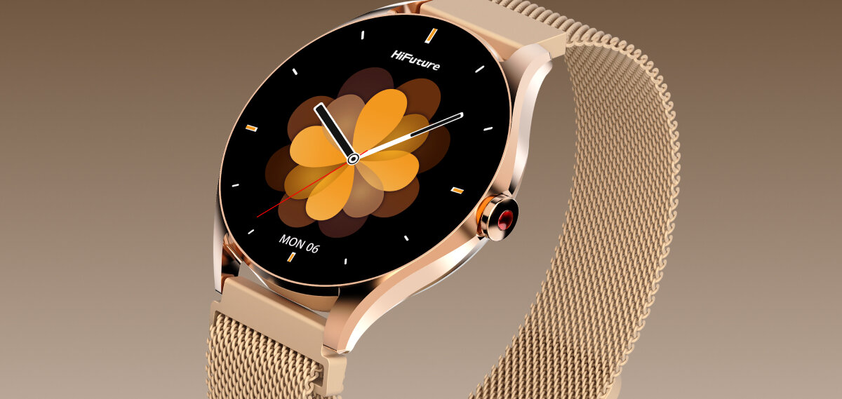 HiFuture Aura 2 Rose Gold ze złotą kopertą, stylową bransoletą i tarczą z motywem kwiatowym.