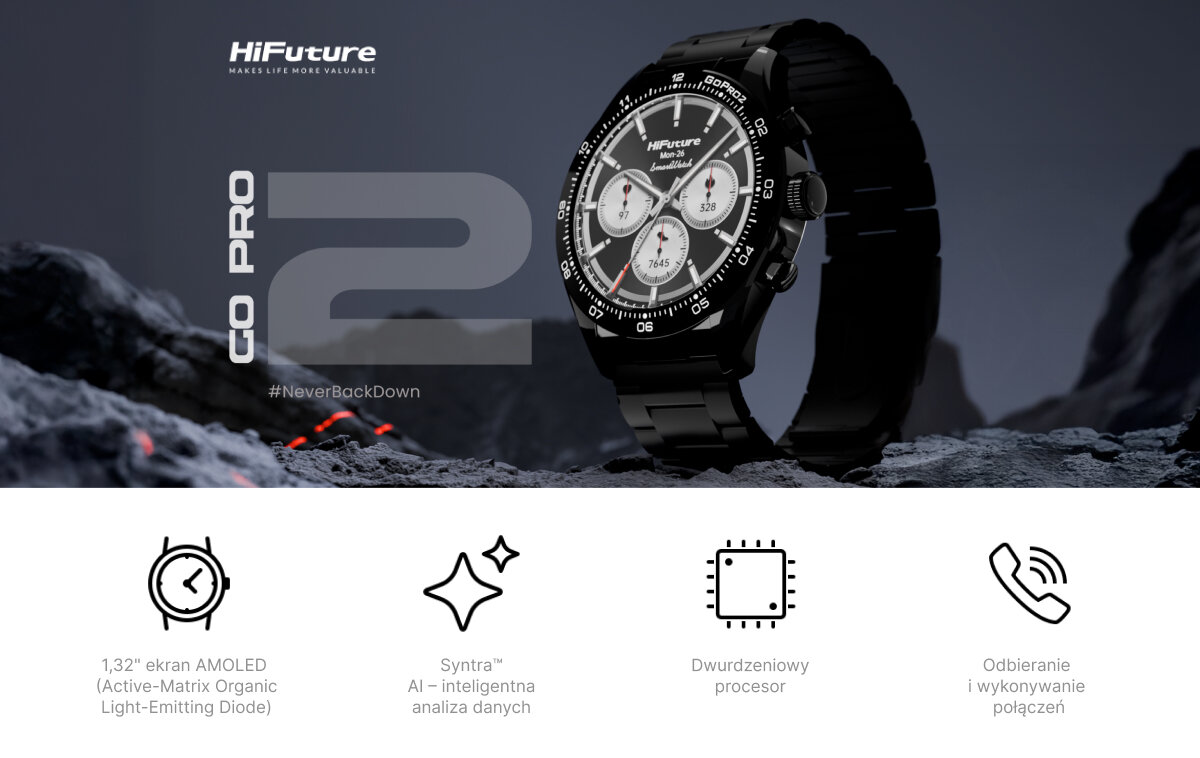 HiFuture Go Pro 2 z czarną bransoletą, ustawiony na skałach i na ciemnym tle, poniżej ikony symbolizujące główne cechy produktu, jak ekran AMOLED, obecność SyntraAI, dwurdzeniowy procesor i opcja odbierania oraz wykonywania połączeń.