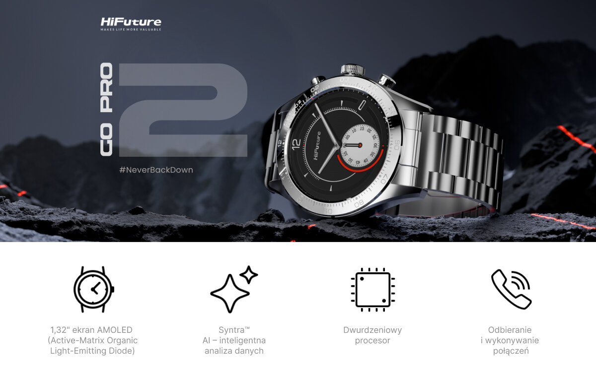 HiFuture Go Pro 2 ze srebrną bransoletą, ustawiony na skałach i na ciemnym tle, poniżej ikony symbolizujące główne cechy produktu, jak ekran AMOLED, obecność SyntraAI, dwurdzeniowy procesor i opcja odbierania oraz wykonywania połączeń.