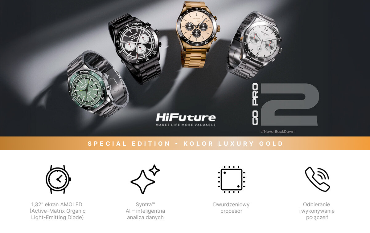 Cztery zegarki HiFuture Go Pro 2, poniżej ikony symbolizujące główne cechy produktu, jak ekran AMOLED, obecność SyntraAI, dwurdzeniowy procesor i opcja odbierania oraz wykonywania połączeń.