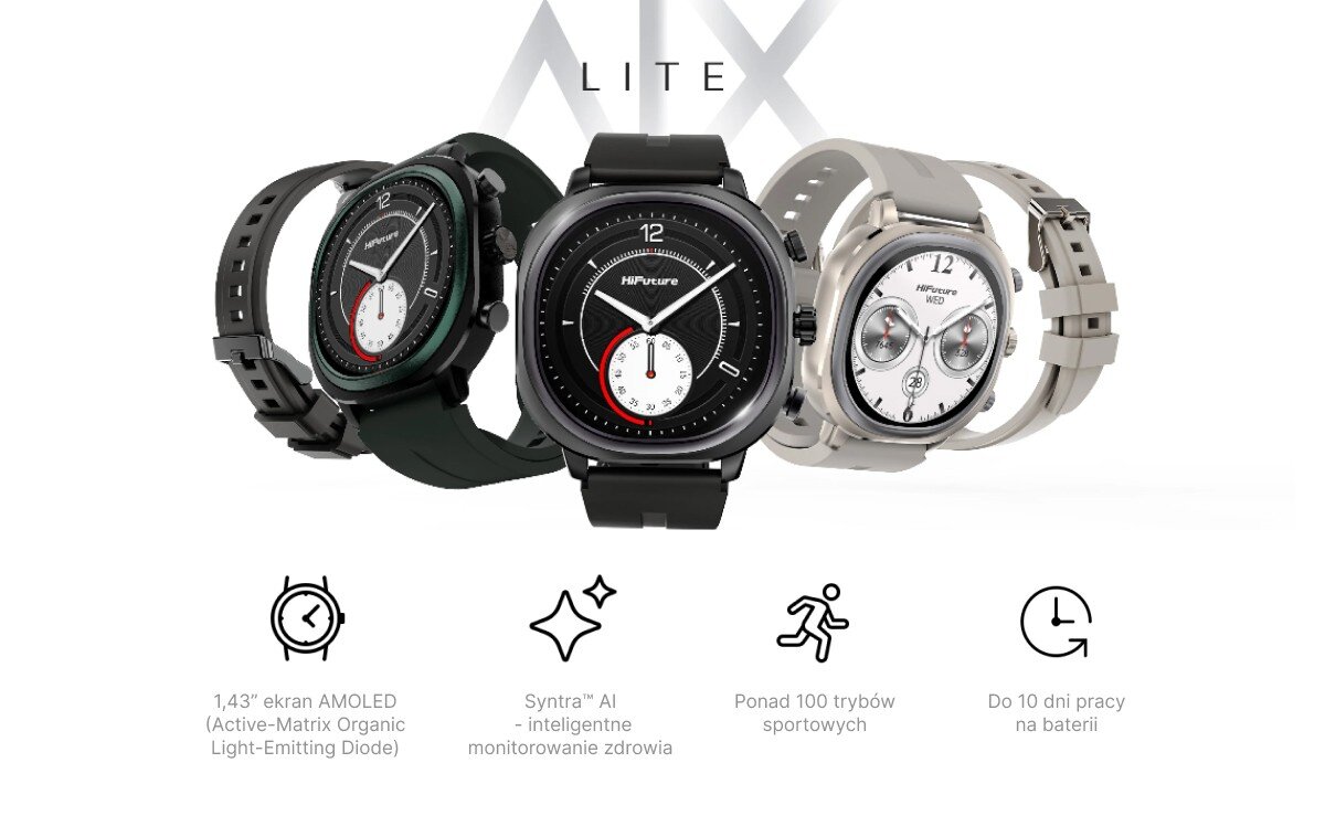 Cztery zegarki HiFuture AIX Lite, poniżej ikony funkcji i napisy o ekranie AMOLED, AI i baterii
