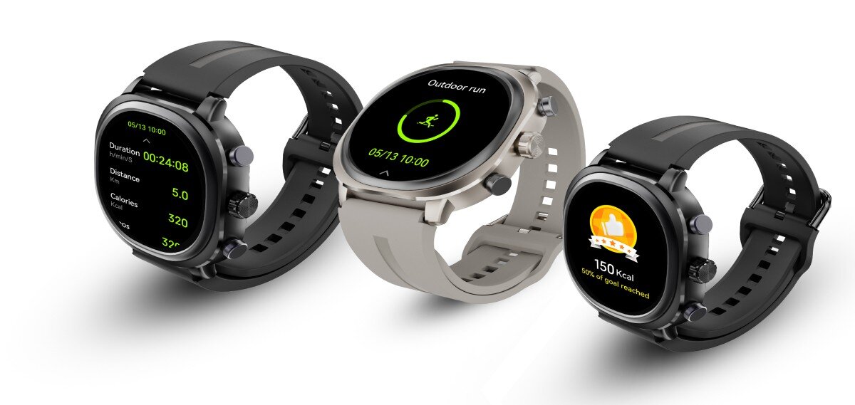Trzy wersje kolorystyczne smartwatchy AIX Lite ułożone obok siebie na białym tle.