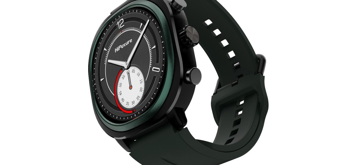 Smartwatch HiFuture AIX Lite w kolorze zielonym widoczny pod kątem, z tarczą i paskiem.