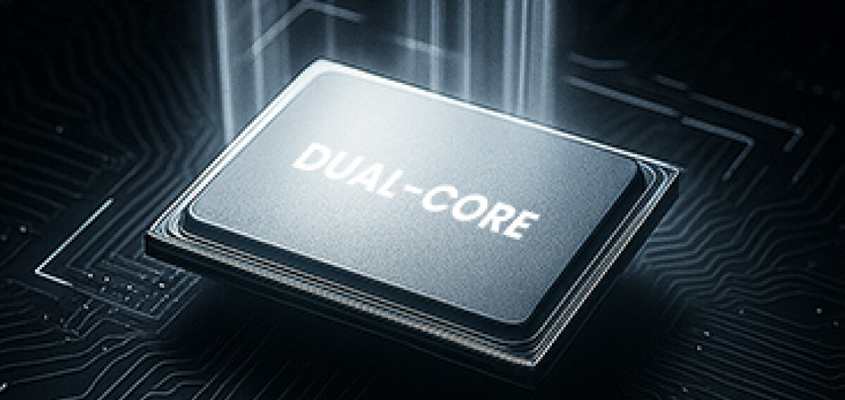 Układ elektroniczny z napisem „Dual-Core” na ciemnej płytce.