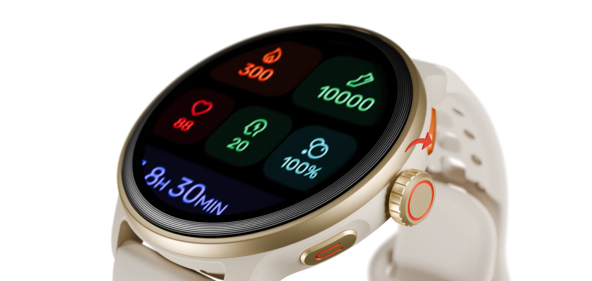 Beżowy smartwatch HiFuture na białym tle, wyświetlone są różne pomiary takie jak: spalone kalorie, liczba kroków, tętno itp.