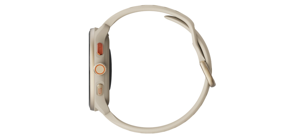 Beżowy smartwatch HiFuture na białym tle.