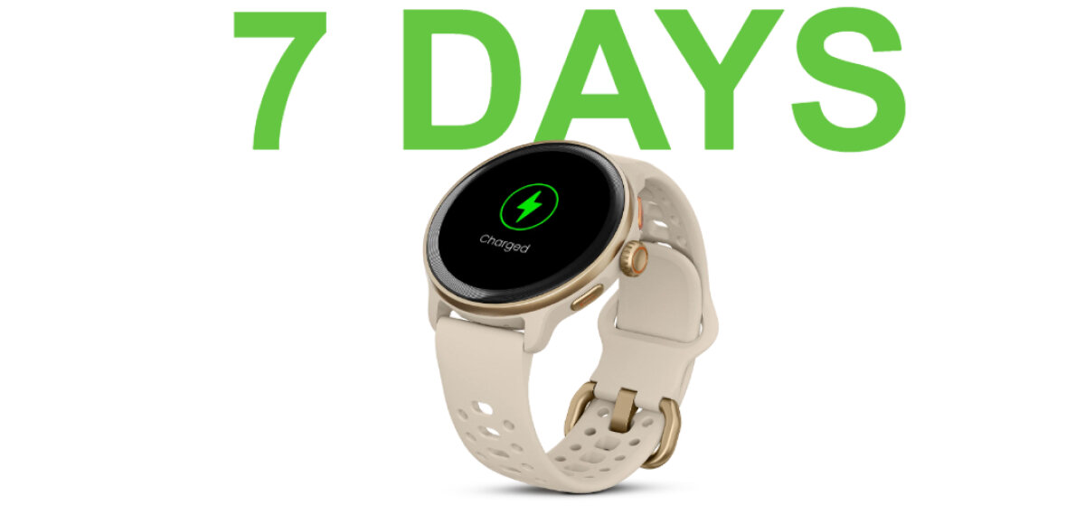 Beżowy smartwatch Hifuture na białym tle, nad smartwatchem widoczny jest napis '7 days'.