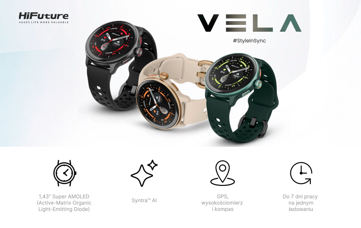 3 snartwatche HiFuture ułożone obok siebie, na dole widoczne są wymienione funkcje smartwatchy.