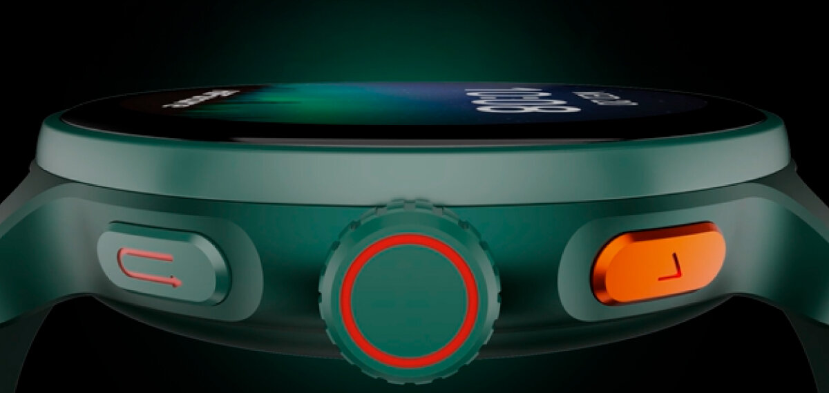 Bok zielonego smartwatcha HiFuture, widoczne są 3 przyciski boczne.