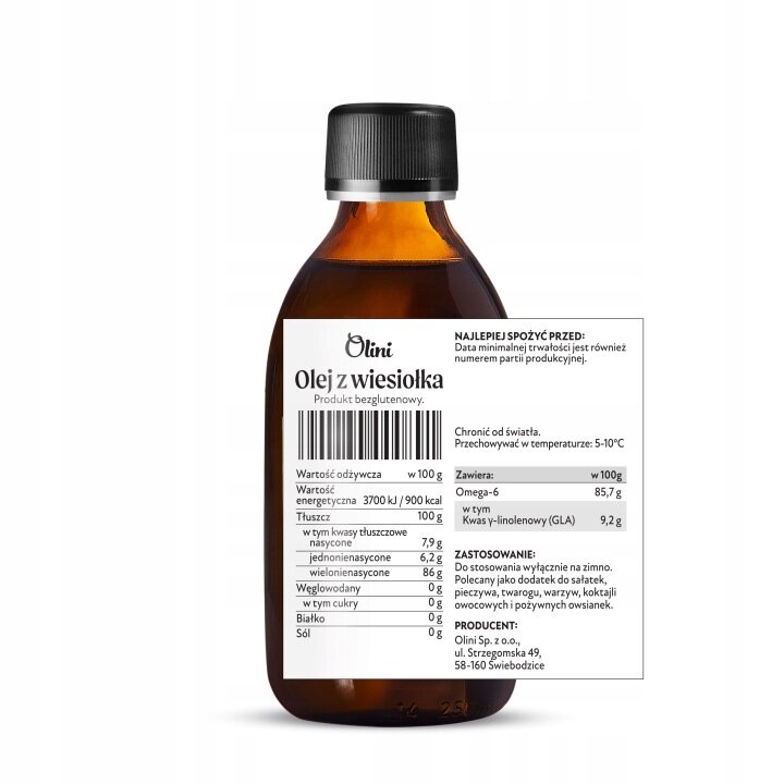 Butelka z ciemnego szkła z etykietą zawierającą informacje o produkcie \'Olini Olej z wiesiołka\'. Etykieta zawiera wartości odżywcze, zalecenia dotyczące przechowywania oraz zastosowanie oleju.