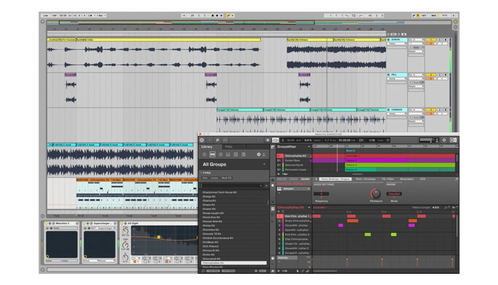 Na ekranie komputera widoczne jest oprogramowanie do edycji dźwięku z wieloma ścieżkami audio i interfejsem użytkownika. W dolnej części ekranu znajduje się panel z różnymi narzędziami i ustawieniami.