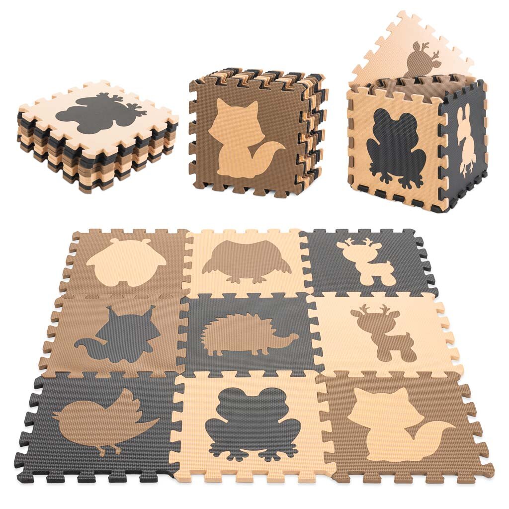 Dwustronna mata piankowa składająca się z puzzli w kolorach beżowym i brązowym, z wyciętymi sylwetkami zwierząt. Na zdjęciu widać ułożone puzzle oraz złożone w formie sześcianów.