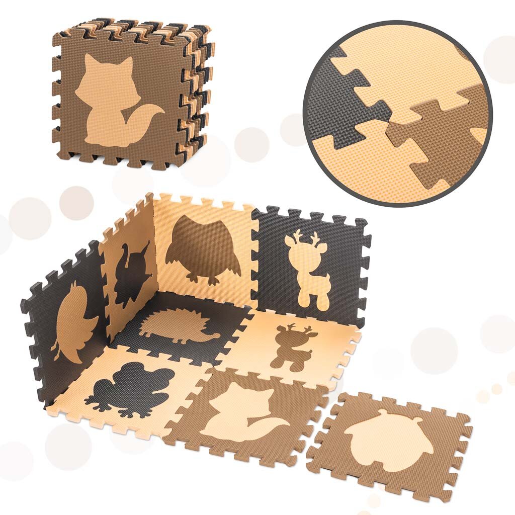 Dwustronna mata piankowa składająca się z puzzli w kolorach beżowym i brązowym, z wyciętymi sylwetkami zwierząt. Na zbliżeniu widać szczegóły łączenia elementów maty.