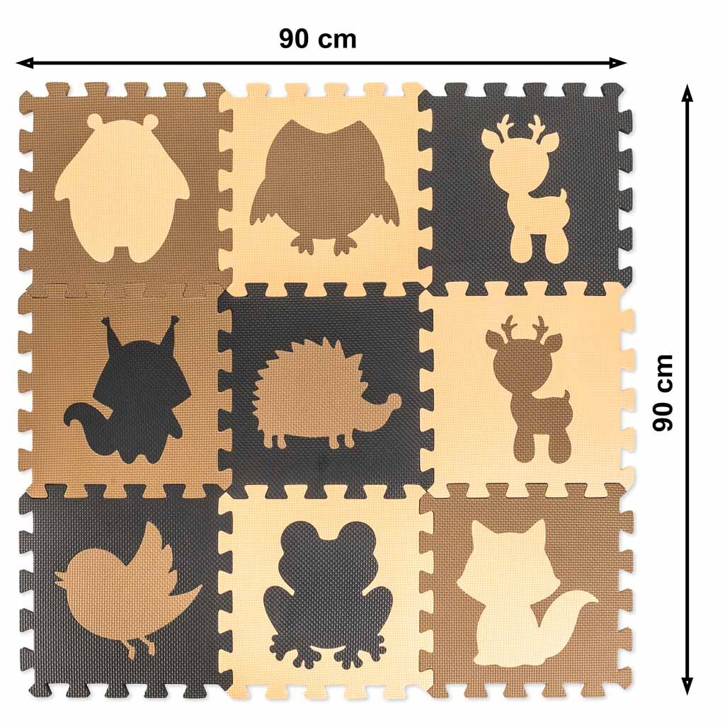 Dwustronna mata piankowa składająca się z dziewięciu puzzli w kolorach beżowym i brązowym, z wyciętymi sylwetkami zwierząt. Wymiary maty to 90 cm na 90 cm.
