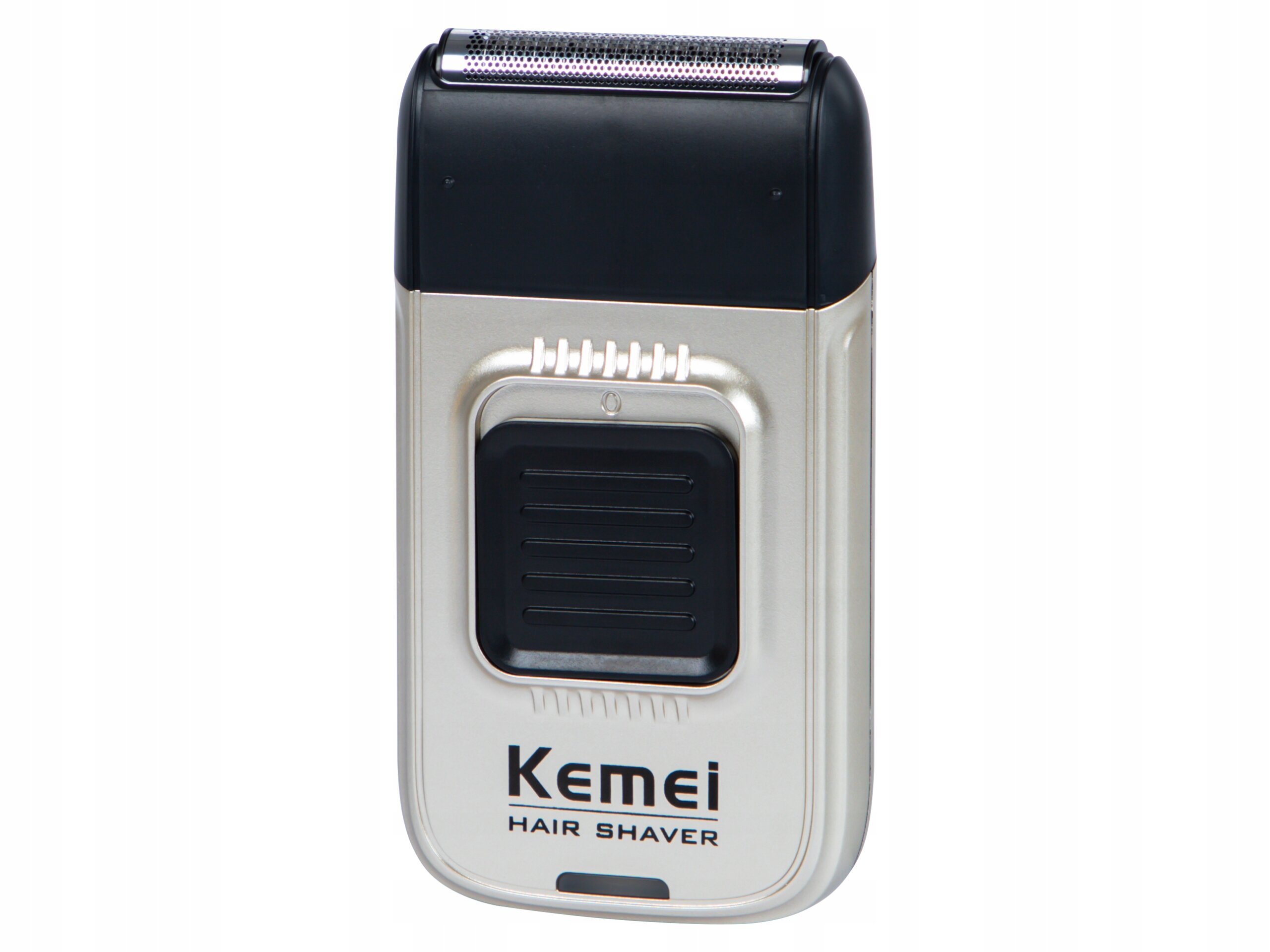Elektryczna golarka foliowa w kolorze srebrnym z czarnymi elementami. Na obudowie widoczny jest napis \'Kemei Hair Shaver\'.