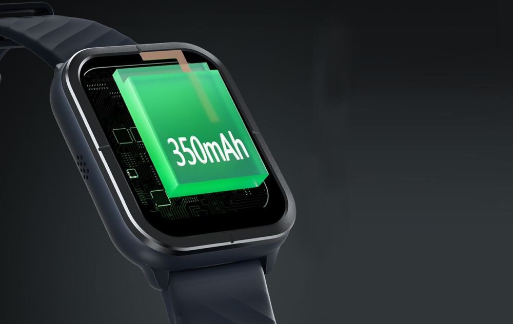 Smartwatch z czarnym paskiem i wyświetlaczem pokazującym grafikę baterii z napisem \'350mAh\'.