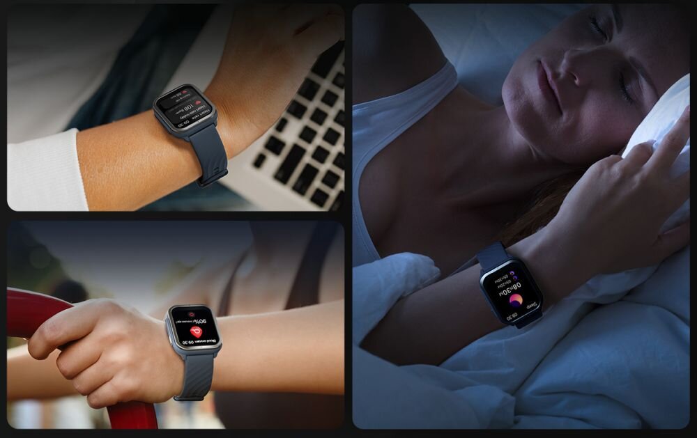 Trzy zdjęcia przedstawiające smartwatch na nadgarstku w różnych sytuacjach: podczas pracy przy komputerze, prowadzenia samochodu i snu. Smartwatch ma czarny pasek i wyświetla różne informacje na ekranie.