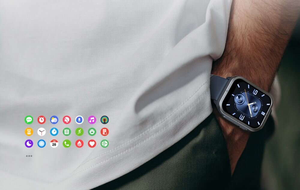Osoba nosi czarny smartwatch z prostokątną tarczą, na której widoczne są wskazówki i cyfry. Obok znajduje się rząd kolorowych ikon aplikacji na białym tle.