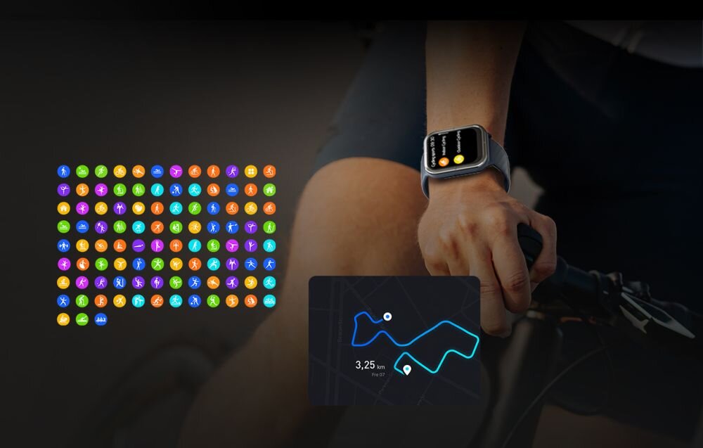 Osoba trzyma kierownicę roweru, na nadgarstku ma smartwatch z wyświetlaczem pokazującym dwie ikony. Obok widoczna jest mapa z trasą o długości 3,25 km oraz zestaw kolorowych ikon aplikacji.