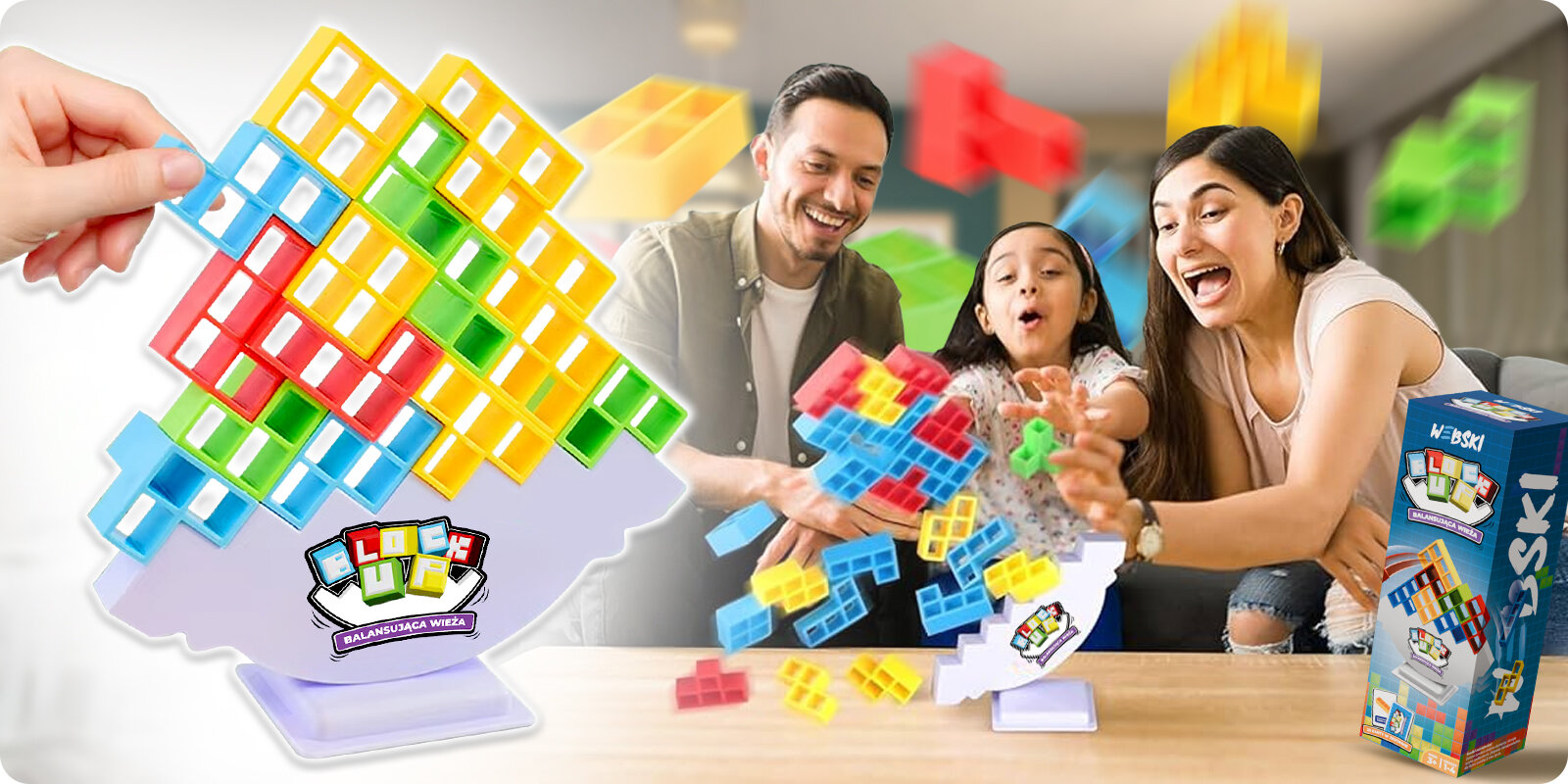 Na obrazie widać rodzinę bawiącą się kolorową układanką 3D z klocków w kształcie tetris. Obok znajduje się pudełko z napisem \'Webski Block Up\'.