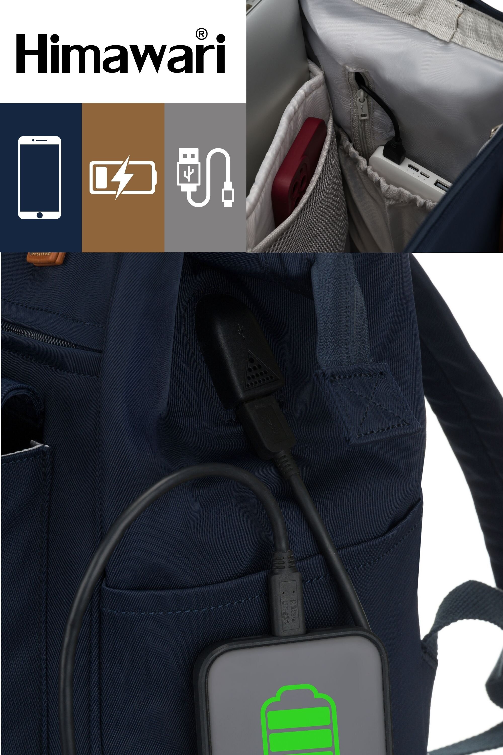 Granatowy plecak z widocznym portem USB i podłączonym urządzeniem. Logo \'Himawari\' znajduje się w lewym górnym rogu obrazu.