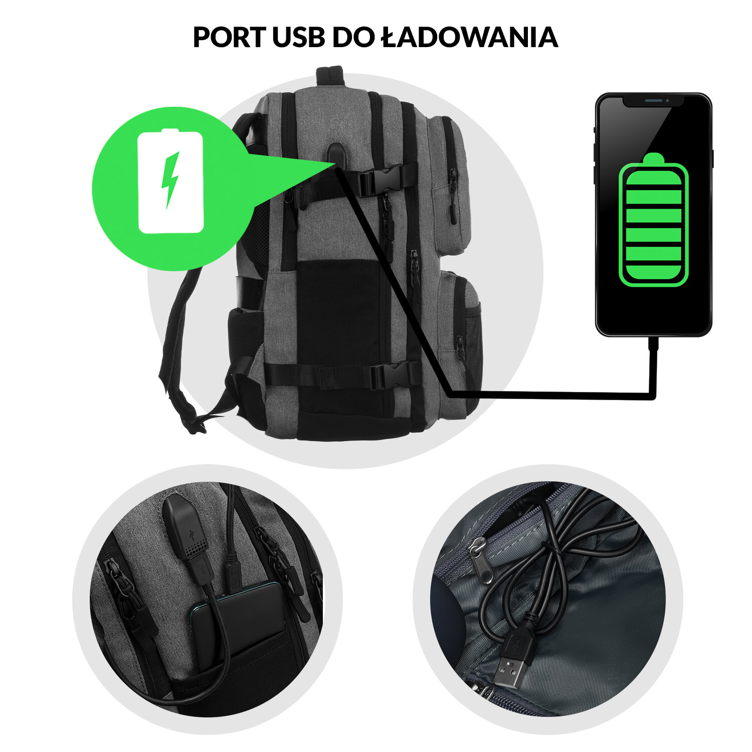 Obraz przedstawia szary plecak z portem USB do ładowania, z którego wychodzi kabel podłączony do telefonu z ikoną naładowanej baterii. Widoczne są również zbliżenia na port USB i wnętrze plecaka z kablem.