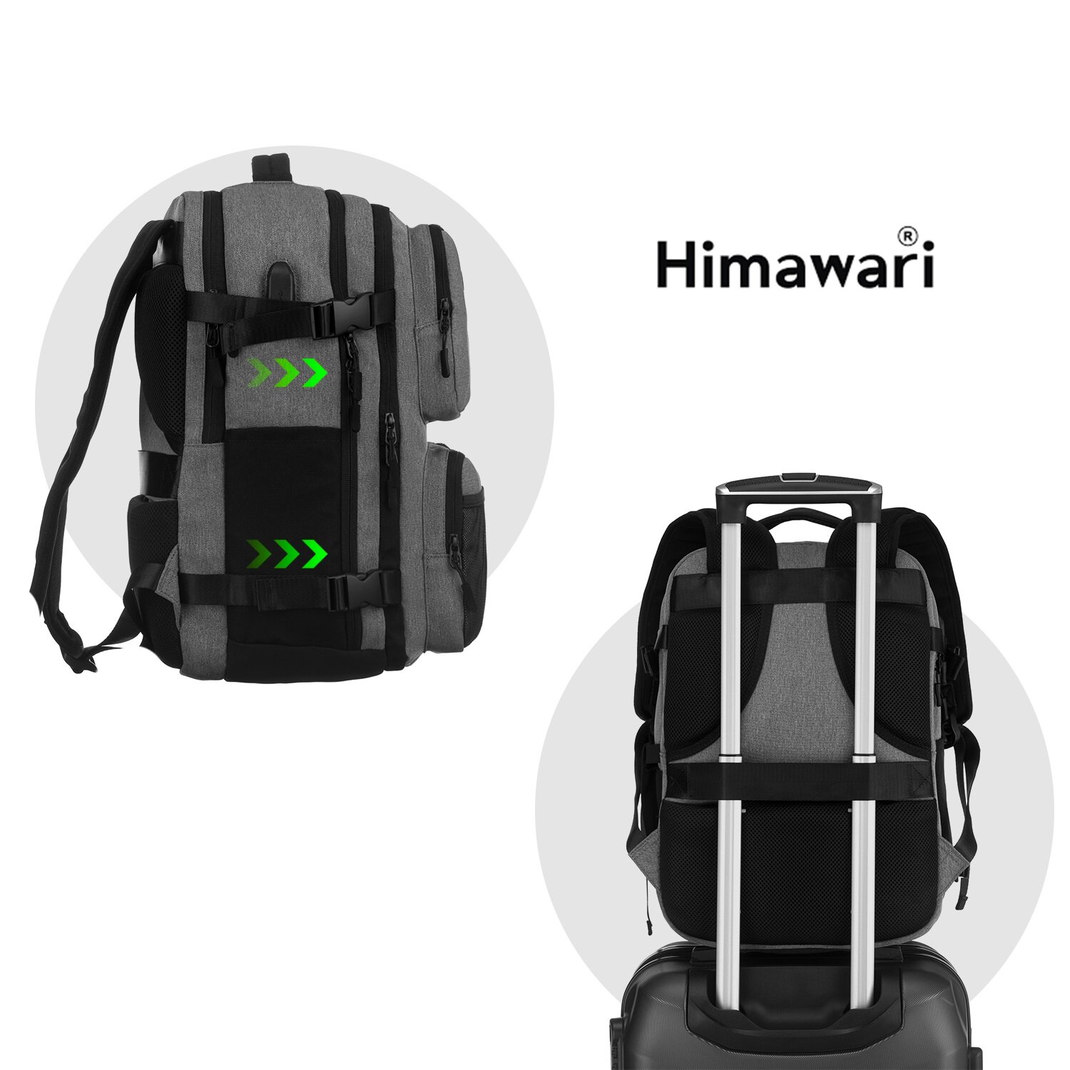 Na obrazie widoczny jest szary plecak z kilkoma kieszeniami i zielonymi strzałkami na przedniej części. Obok plecaka znajduje się logo \'Himawari\'.