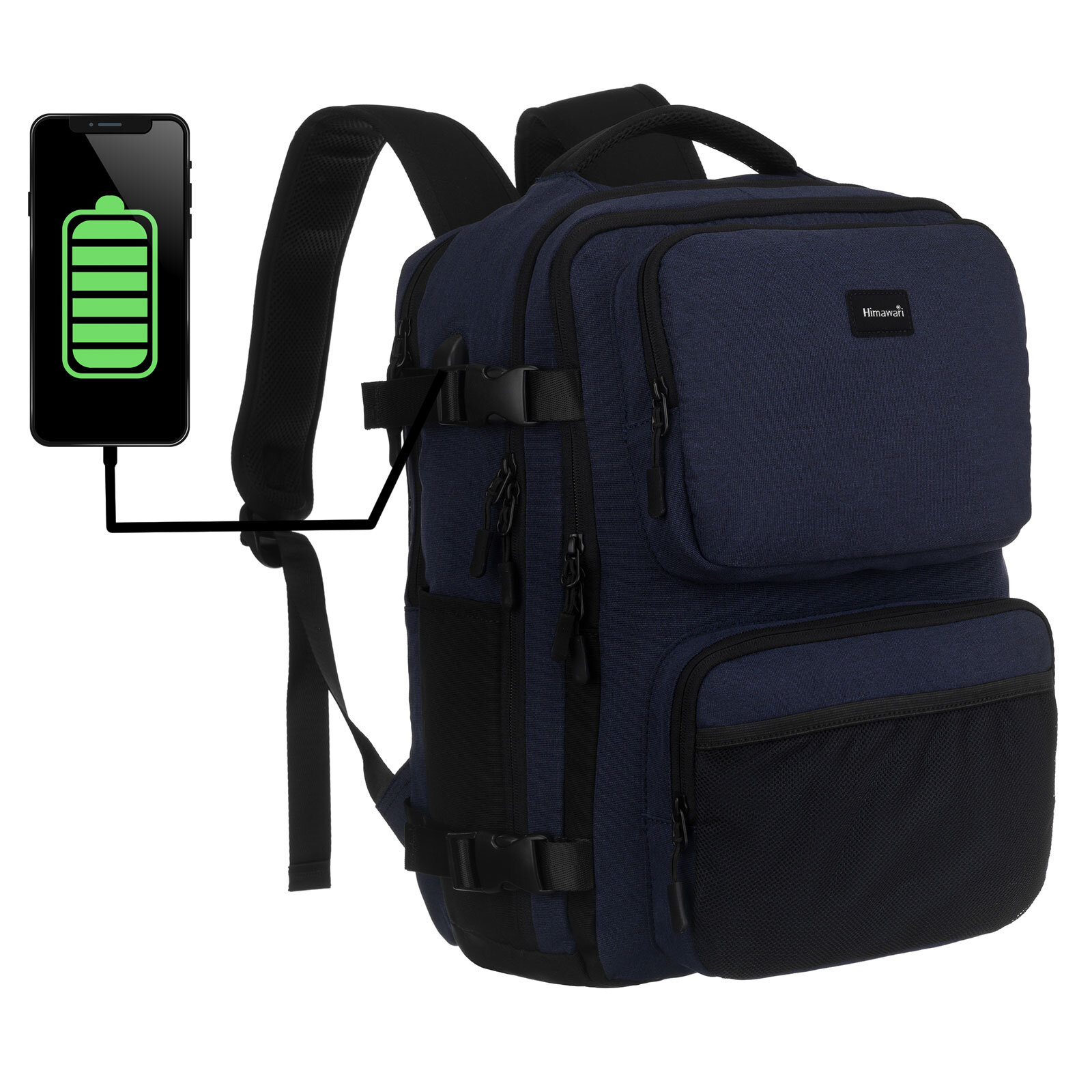 Granatowy plecak z kilkoma kieszeniami i portem USB, z którego wychodzi kabel podłączony do smartfona z ikoną naładowanej baterii. Na plecaku widoczne jest logo \'Himawari\'.
