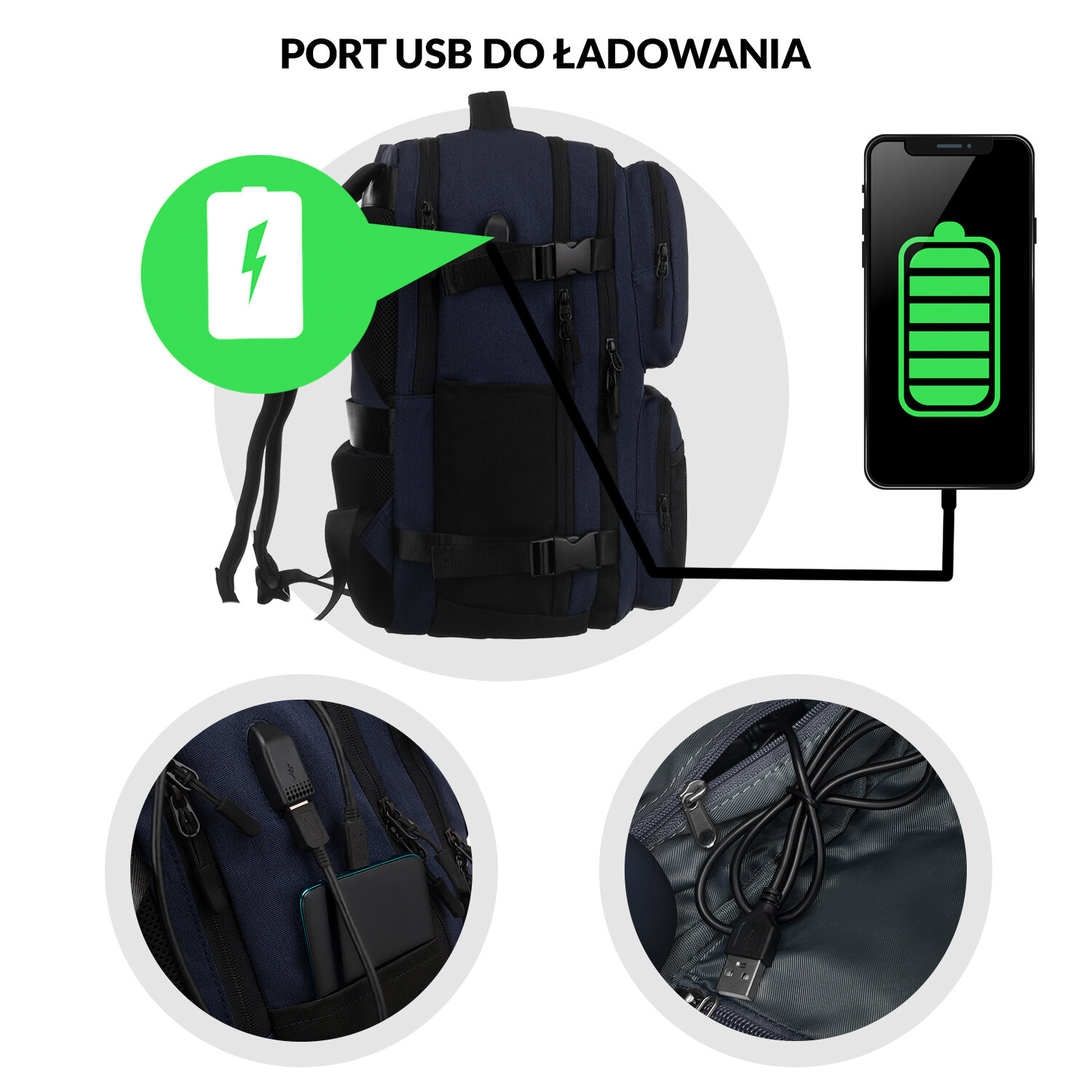 Obraz przedstawia granatowy plecak z portem USB do ładowania, z podłączonym smartfonem z ikoną naładowanej baterii. Widoczne są również zbliżenia na port USB i wnętrze plecaka z kablem.
