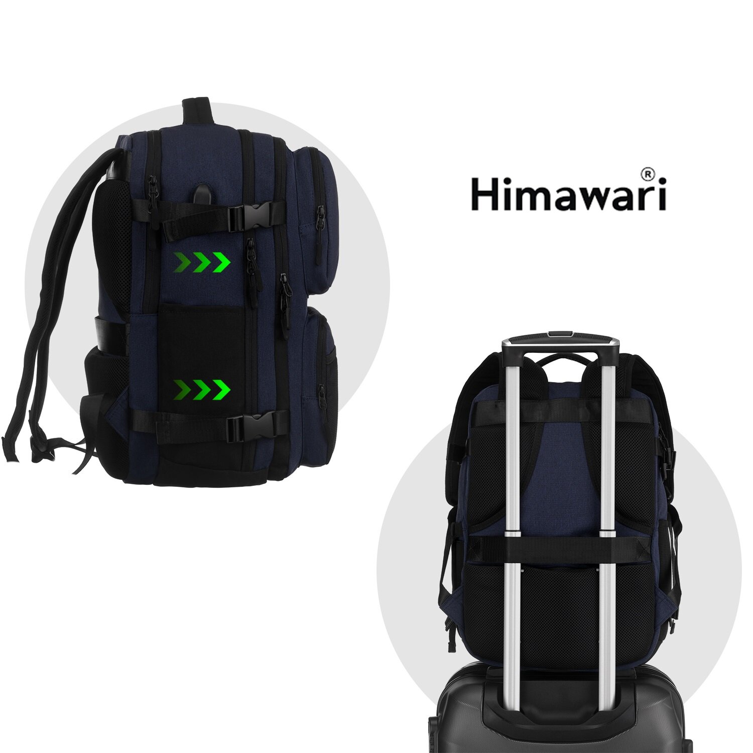Na obrazie widoczny jest granatowy plecak z czarnymi elementami, z zielonymi strzałkami wskazującymi na jego funkcje. Obok plecaka znajduje się logo \'Himawari\'.