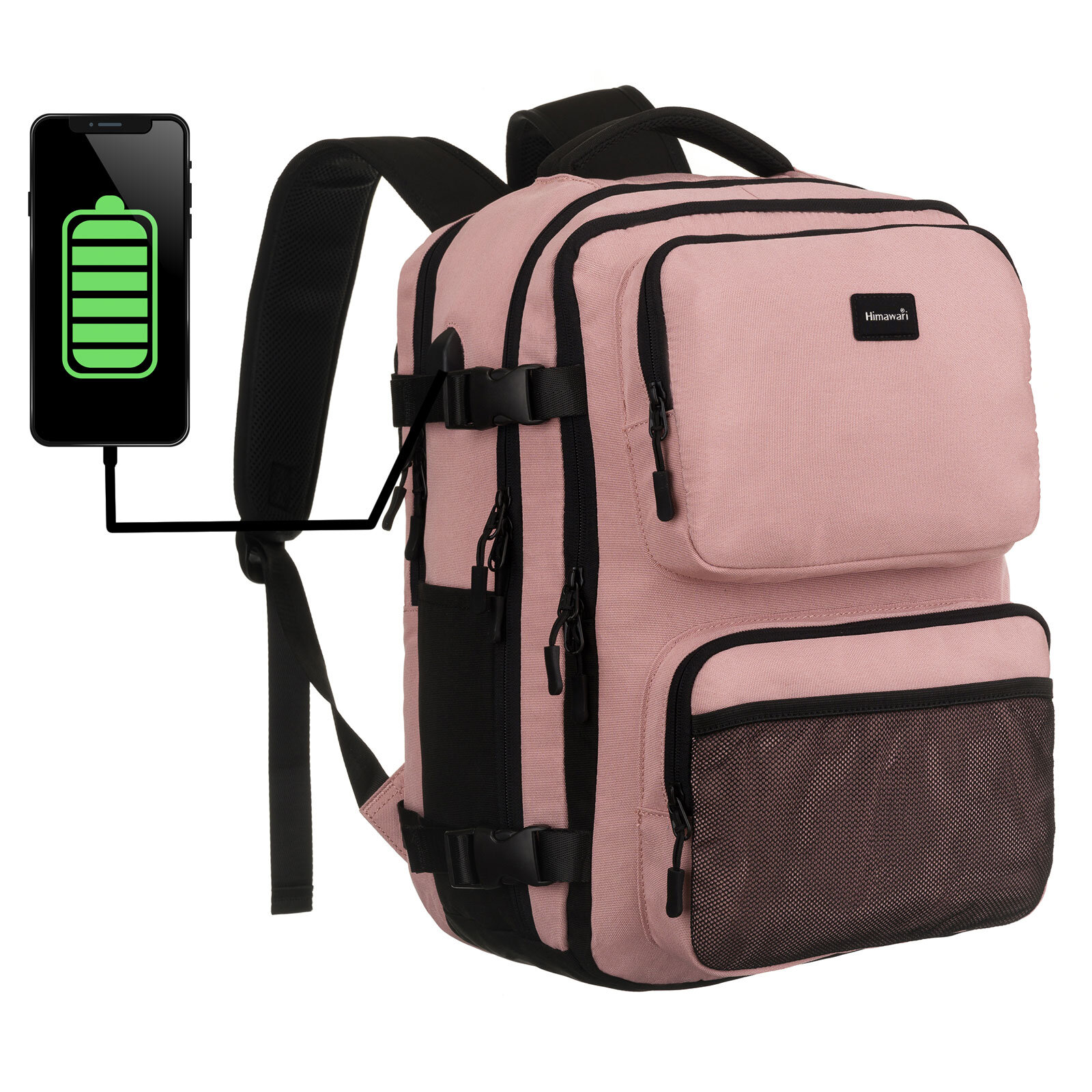 Różowy plecak z czarnymi elementami, posiadający kilka kieszeni i port USB. Obok plecaka widoczny jest telefon z ikoną naładowanej baterii.