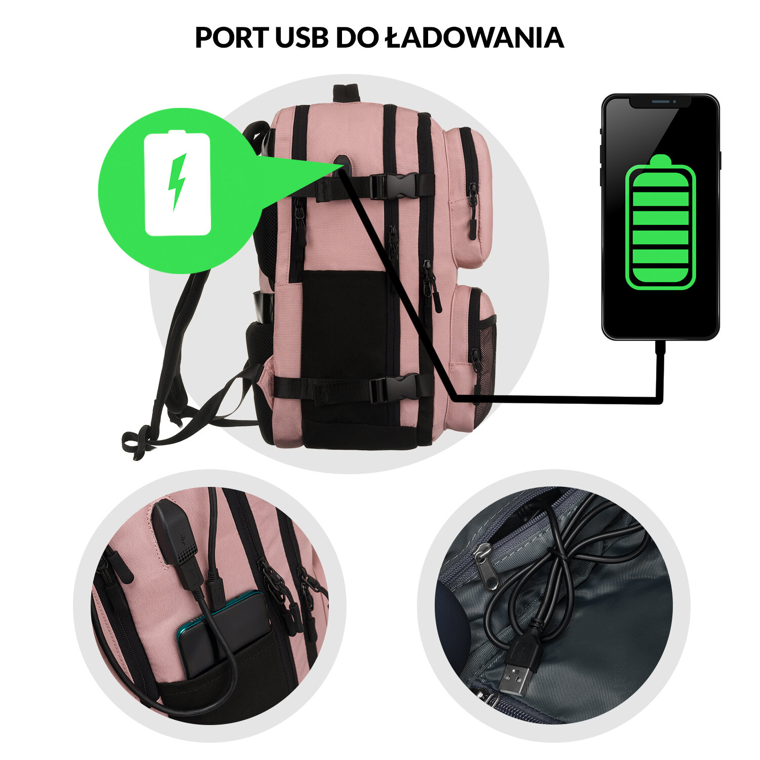 Różowy plecak z portem USB do ładowania, przedstawiony z podłączonym smartfonem z ikoną naładowanej baterii. Dodatkowe zdjęcia pokazują zbliżenie na port USB i wnętrze plecaka z kablem USB.