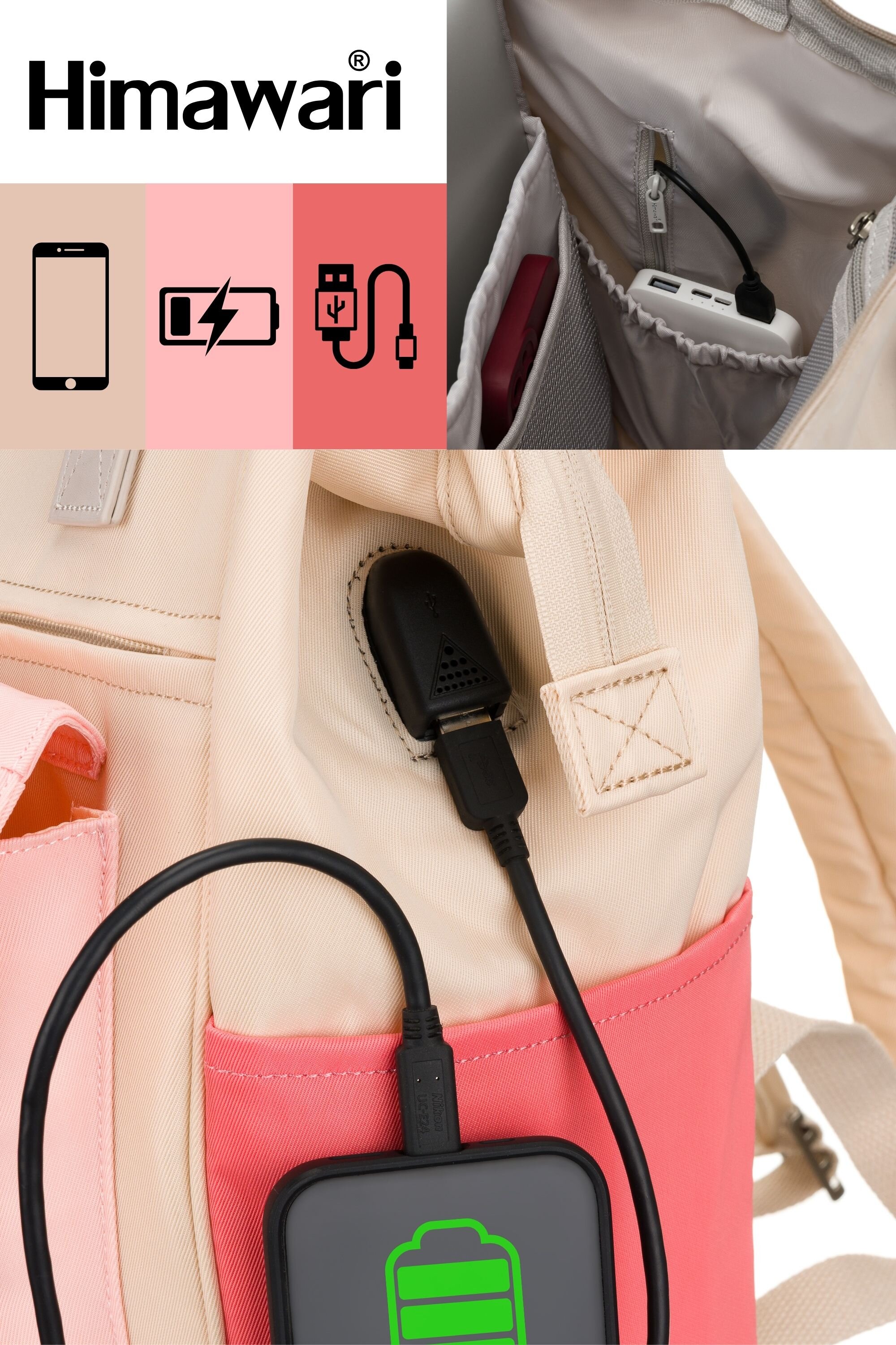 Plecak w kolorze beżowo-różowym z widocznym portem USB i podłączonym powerbankiem. Logo \'Himawari\' znajduje się w lewym górnym rogu obrazu.