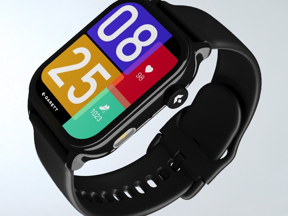 Smartwatch z czarnym paskiem i kolorowym wyświetlaczem pokazującym duże cyfry 08 i 25 oraz ikony z wartościami 98 i 1023. Na obudowie widoczne jest logo \'GARETT\'.