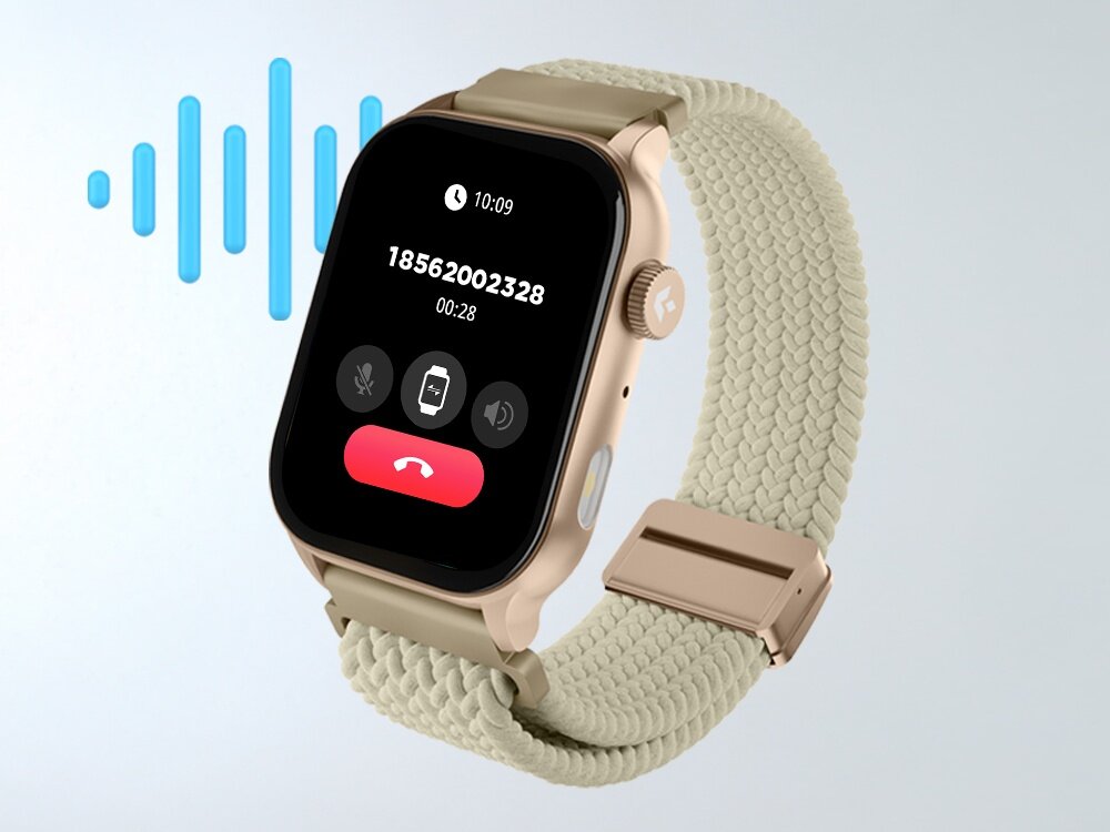 Smartwatch z jasnym paskiem i złotą kopertą wyświetla ekran połączenia z numerem 18562002328 oraz ikonami mikrofonu, głośnika i czerwonej słuchawki. W tle widoczna jest niebieska grafika przypominająca fale dźwiękowe.