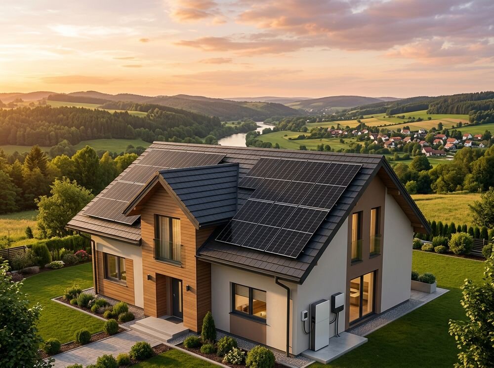 Panel fotowoltaiczny ECOFLOW Trina Solar 520W, panel, fotowoltaika, słońce, prąd, Dom jednorodzinny z panelami fotowoltaicznymi na dachu.