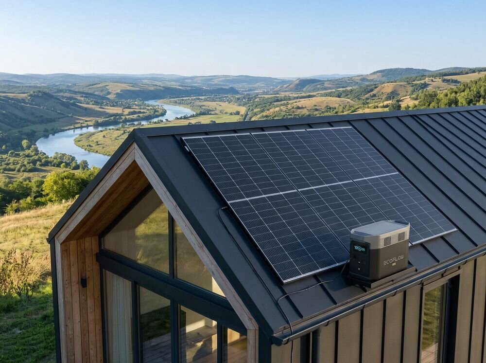 Panel fotowoltaiczny ECOFLOW Trina Solar 520W, falownik, farma, integracja, sieć, dom z panelami na dachu w otoczeniu natury.