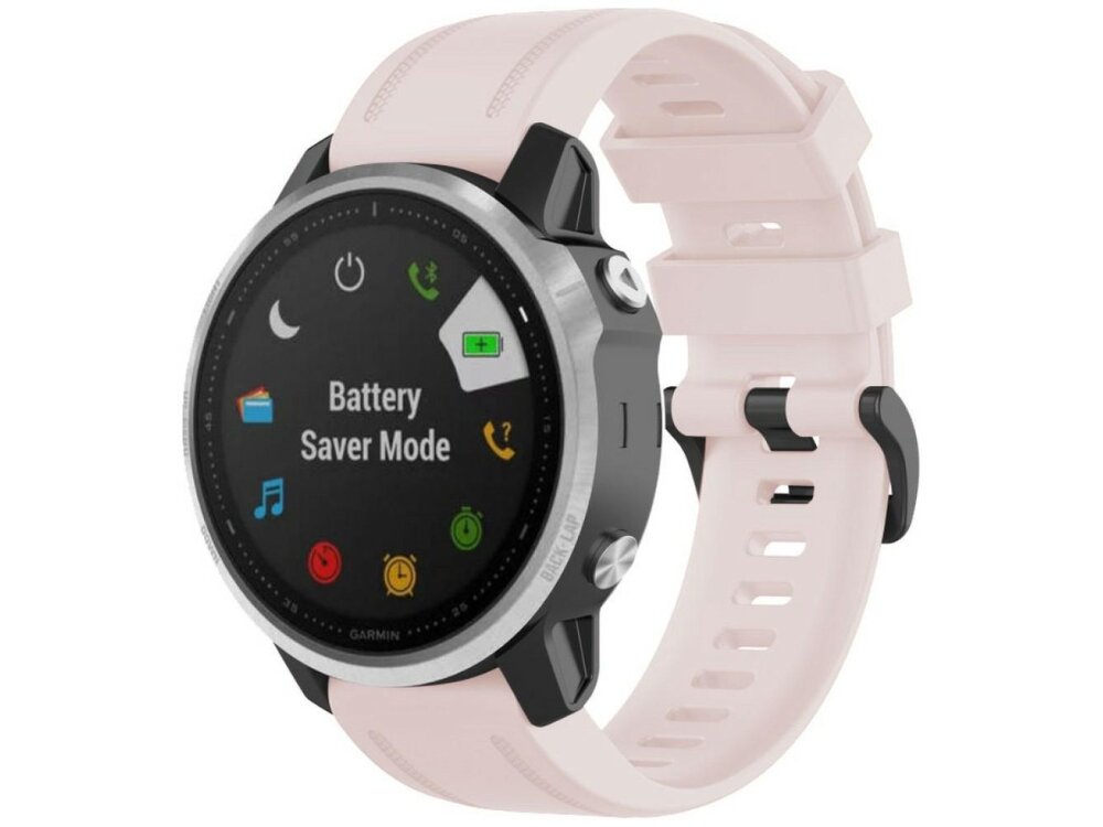 Zegarek z różowym paskiem wyświetla ekran z napisem \'Battery Saver Mode\' oraz ikonami przedstawiającymi różne funkcje. Na obudowie widoczne jest logo \'Garmin\'.