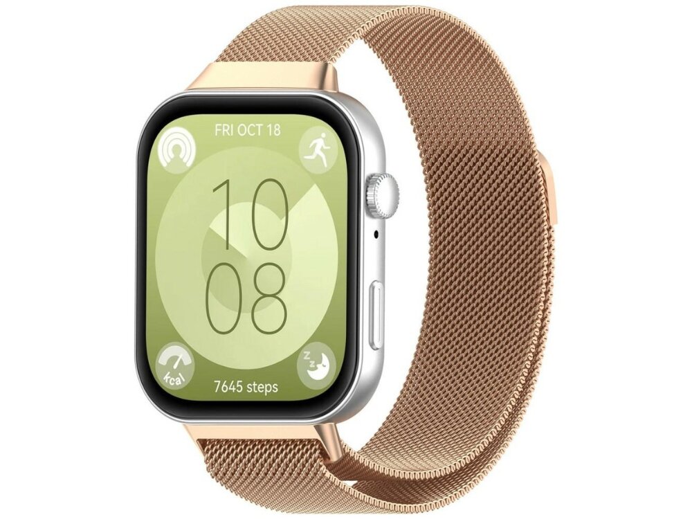 Smartwatch z różowo-złotym paskiem i zielonym wyświetlaczem pokazującym godzinę 10:08 oraz 7645 kroków. Na ekranie widoczne są ikony aktywności i data \'FRI OCT 18\'.