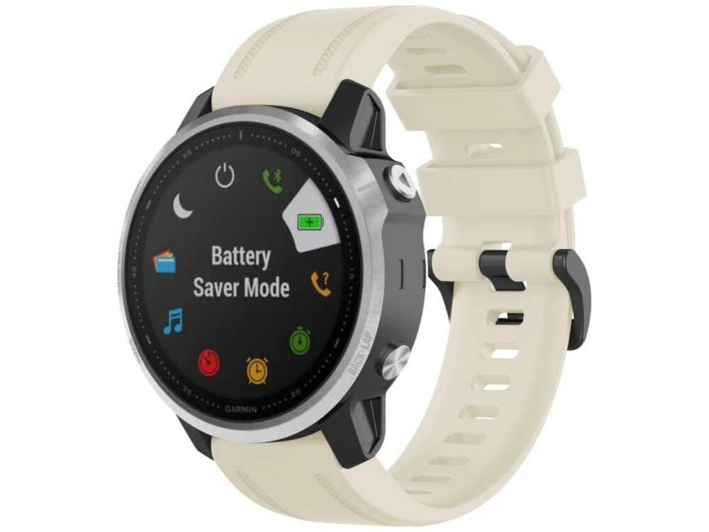 Smartwatch z jasnym paskiem i okrągłym wyświetlaczem, na którym widoczny jest napis \'Battery Saver Mode\' oraz kilka kolorowych ikon. Na obudowie zegarka znajduje się logo \'Garmin\'.