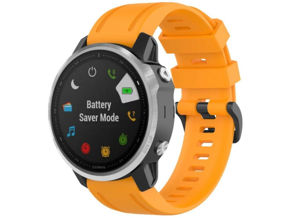 Pomarańczowy pasek zegarka z okrągłą tarczą, na której widoczny jest napis \'Battery Saver Mode\' oraz kilka ikon. Na obudowie zegarka znajduje się logo \'Garmin\'.